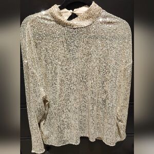 H&M Silver Sequin Long Sleeve Blouse with Mandarin Collar